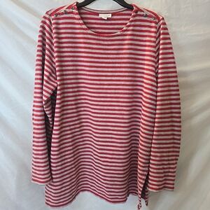 J Jill Women's Shirt Top Striped Long Sleeve Red Gray Button Accents Terry Cloth